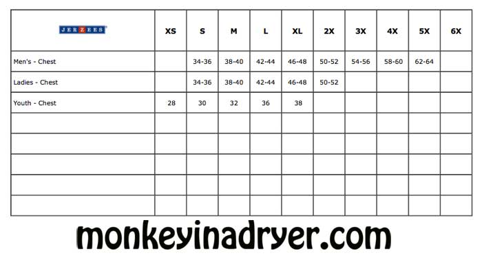 Jerzees Youth Size Chart