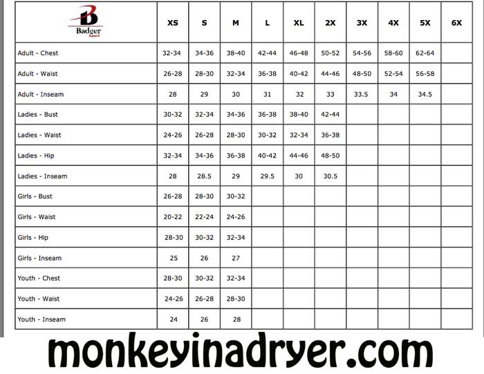 Badger Sweatshirt Size Chart