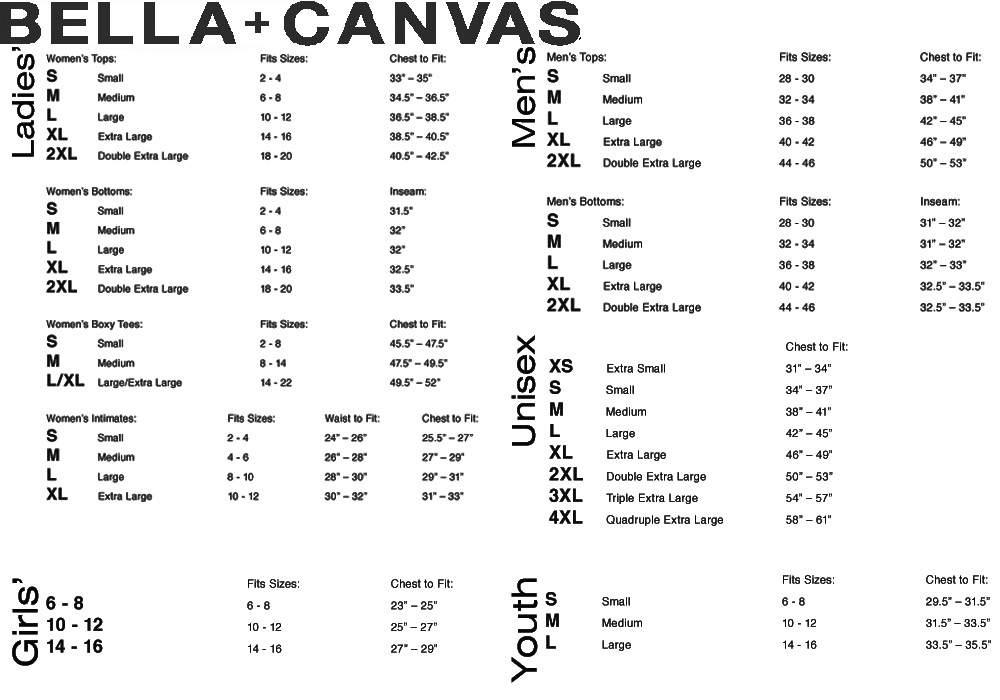 Bella Canvas Shirts Size Chart