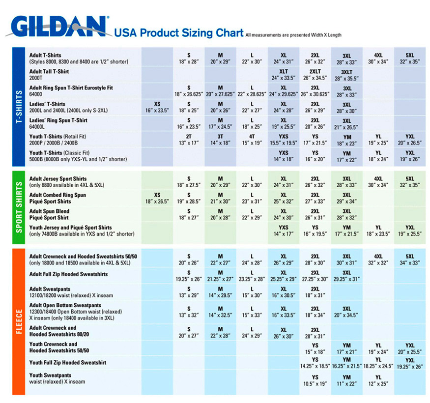 Gildan Size Chart | Custom T-Shirts from Monkey In A Dryer ...