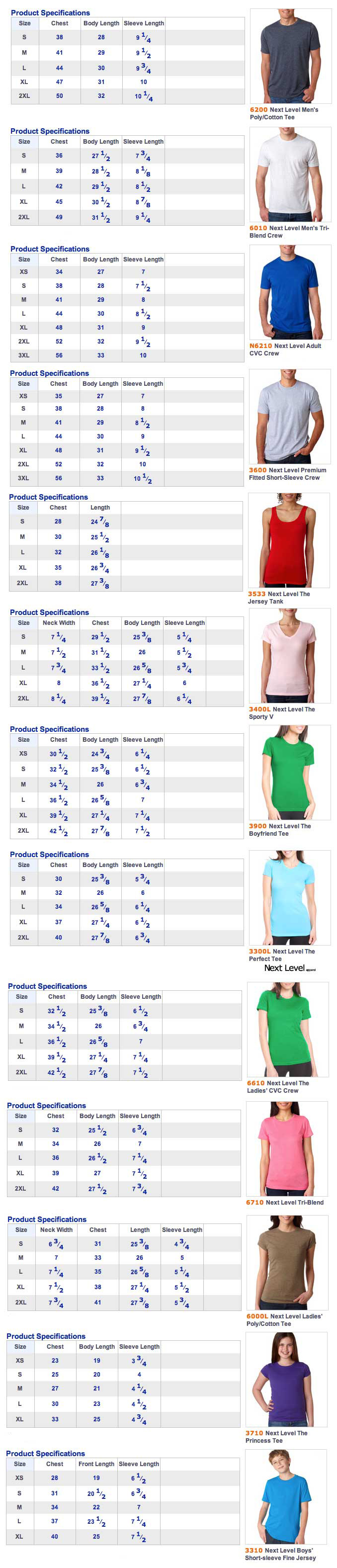 Next Level Shirt Size Chart