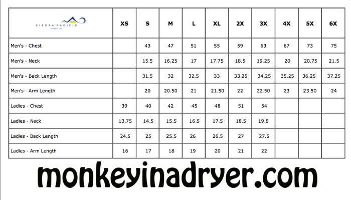 White Sierra Size Chart