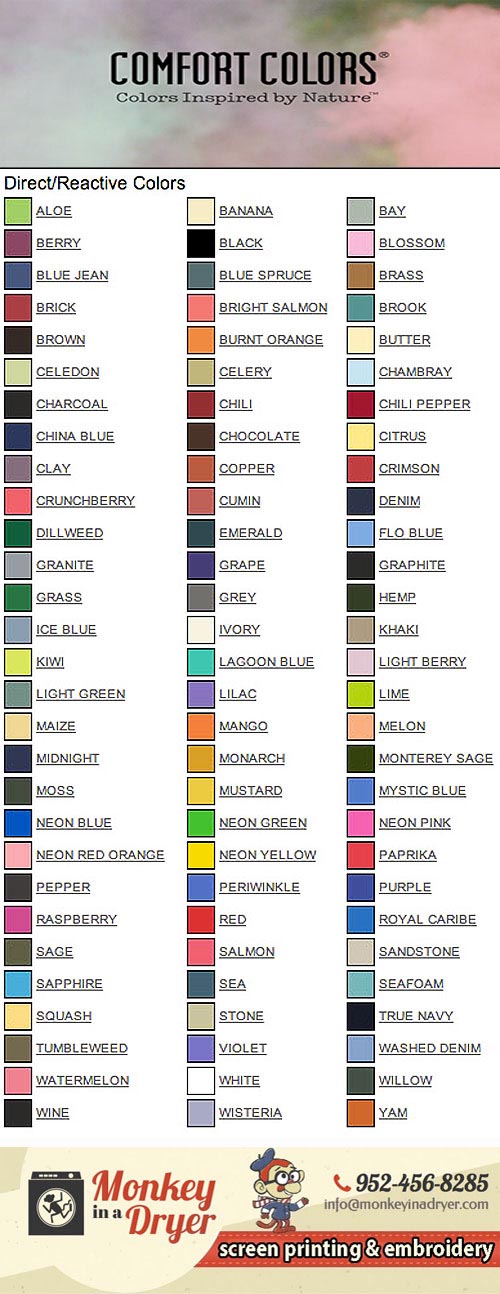 Comfort Colors Swatch Color Chart | Monkey In A Dryer Screen Printing