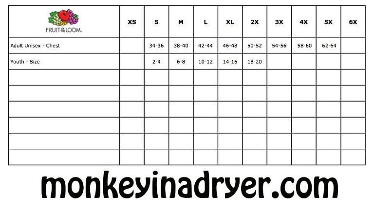 Size Chart Fruit Of The Loom