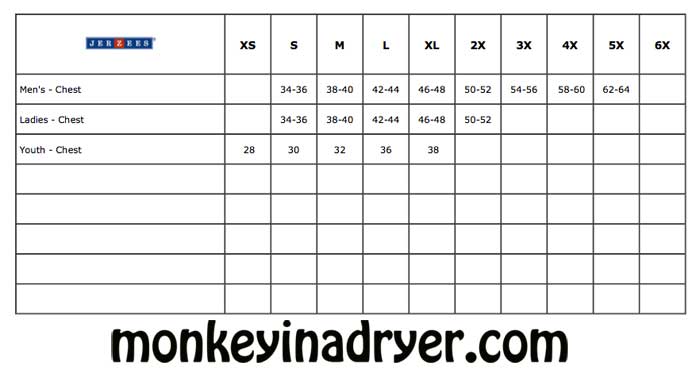 Jerzees Size Chart | Custom T-Shirts from Monkey In A Dryer, A Custom