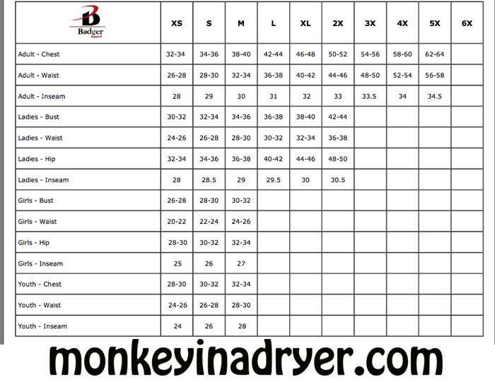 badger size chart custom t shirts from monkey in a dryer badger sport size chart