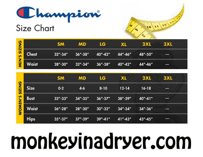 Champion Size Chart | Monkey In A Dryer Screen Printing
