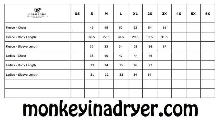 Colorado Trading Company Size Chart | Monkey In A Dryer Screen Printing