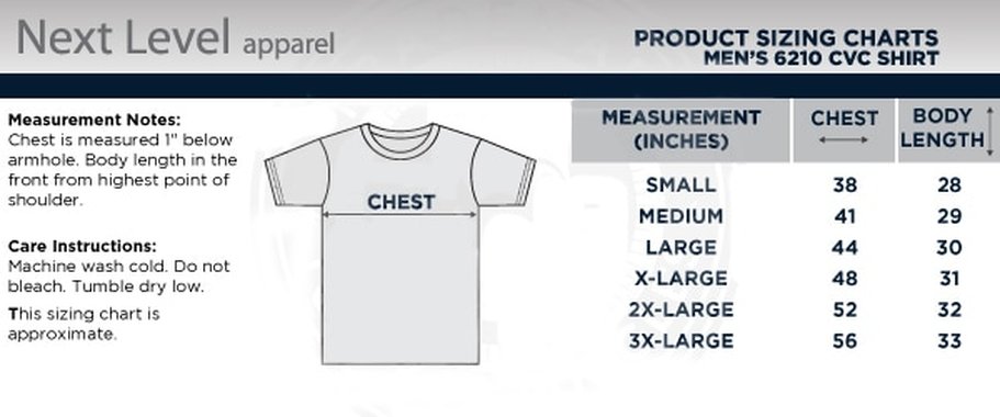 Next Level Apparel 6210 CVC Fitted T Shirt Size Chart | Custom T-Shirts from Monkey In A Dryer Screen Printing