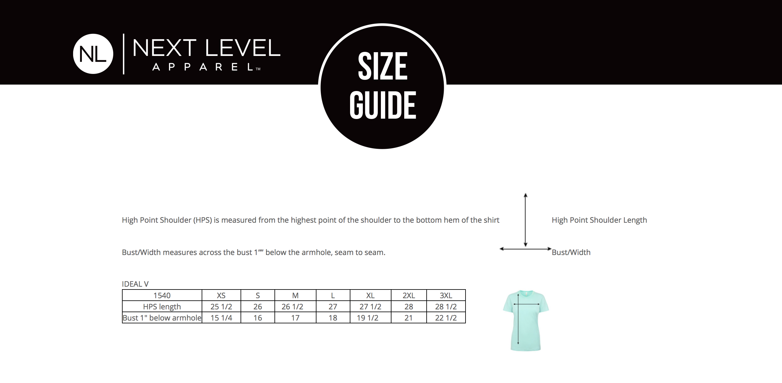 Next Level Ideal V Neck Size Chart