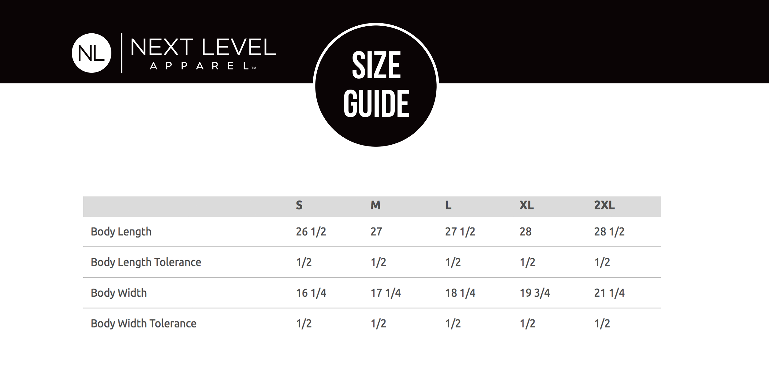 Next Level Apparel Size Chart
