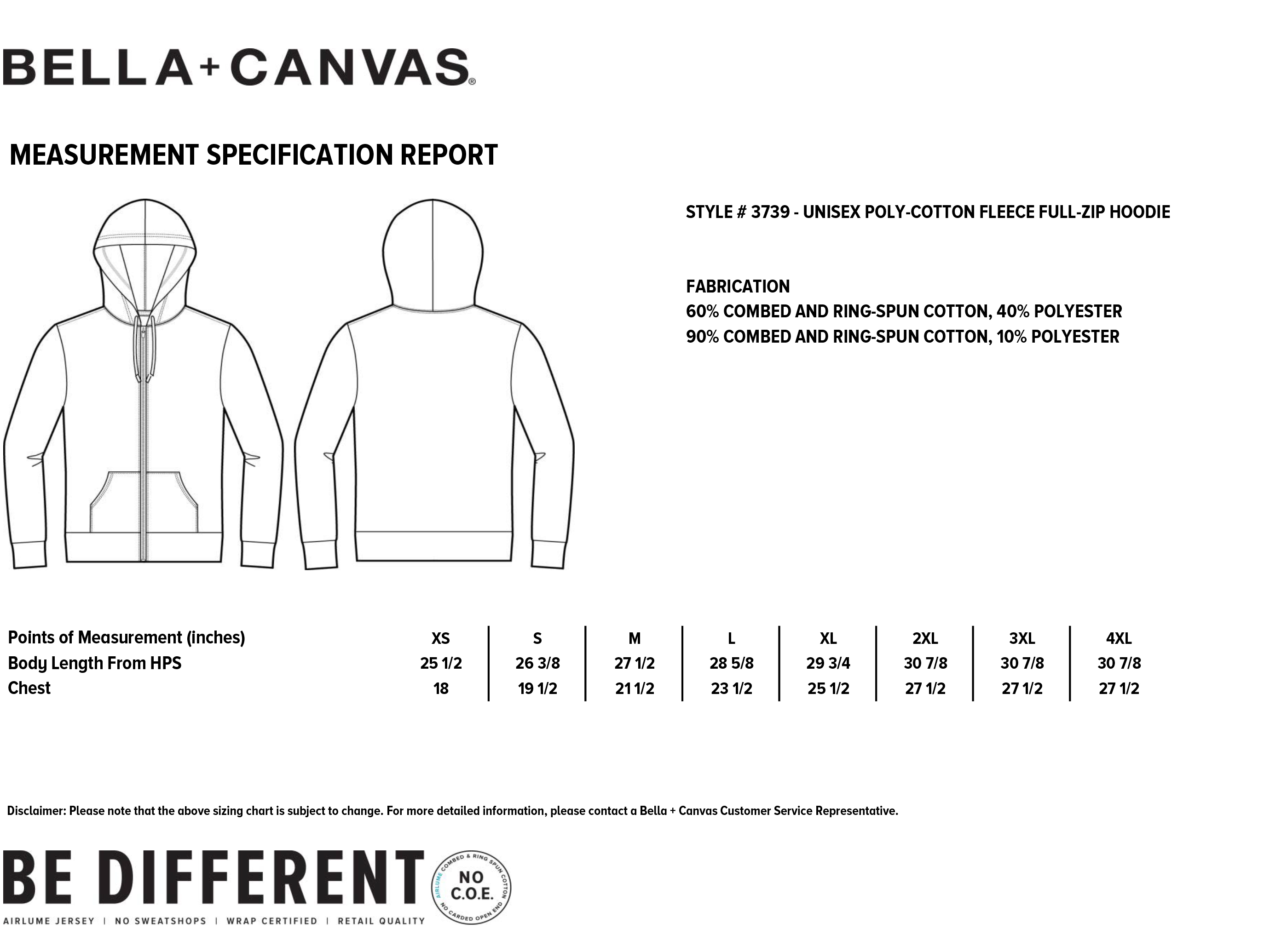 Bella Canvas Hoodie Size Chart