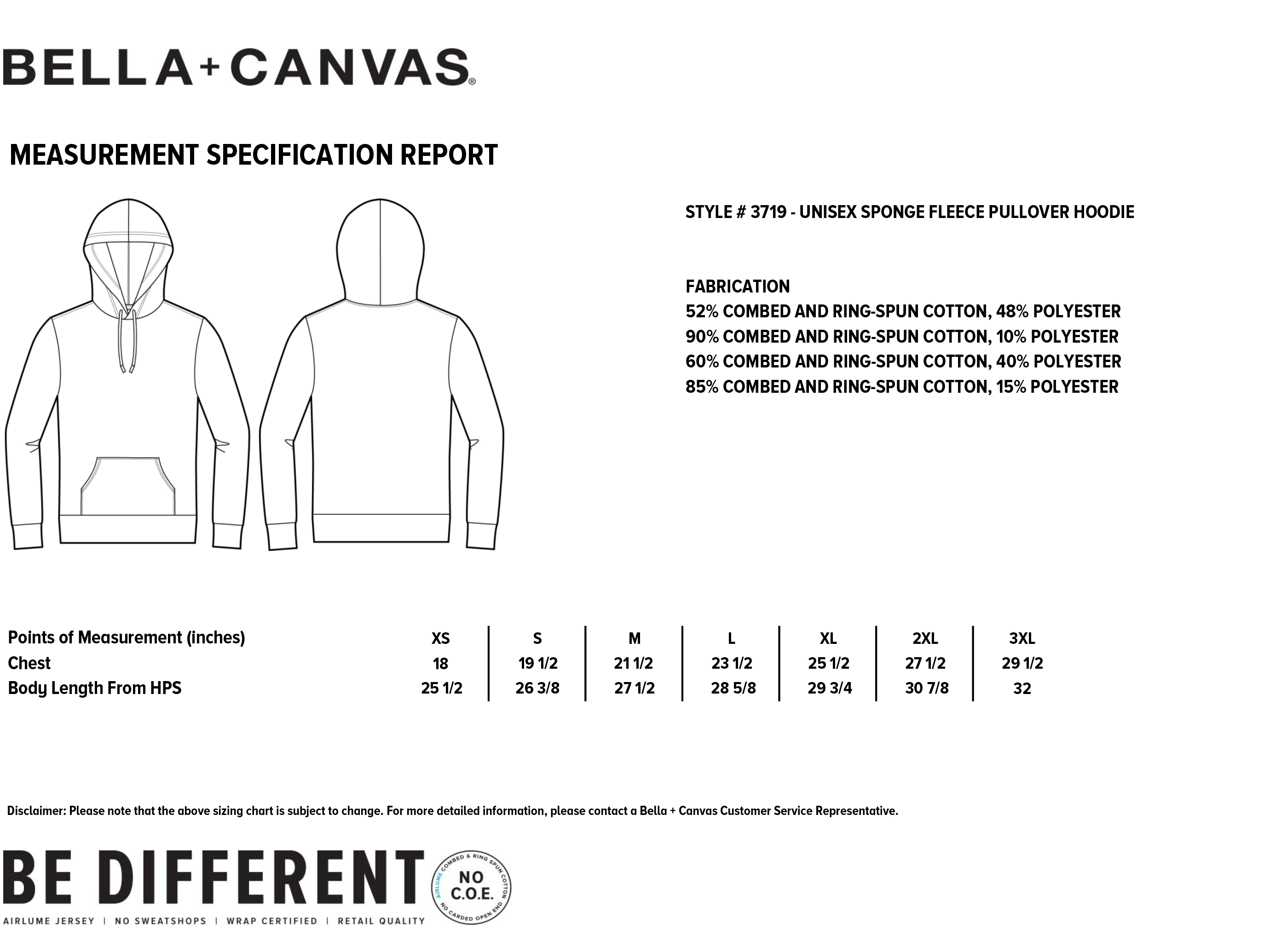 Size Chart Bella Canvas