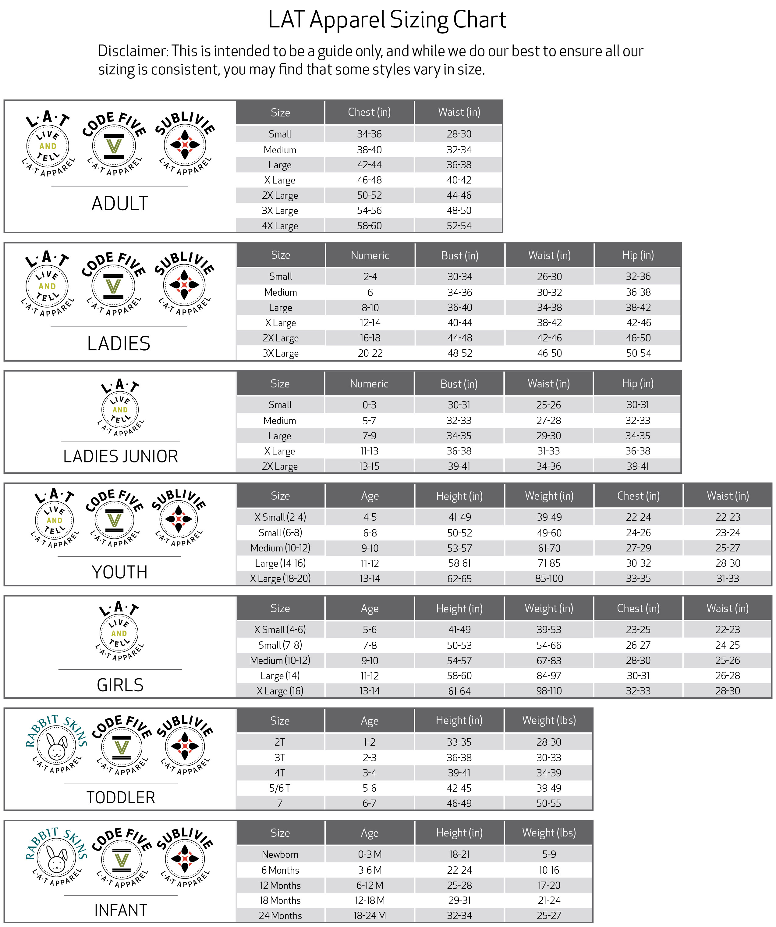 Apparel size chart